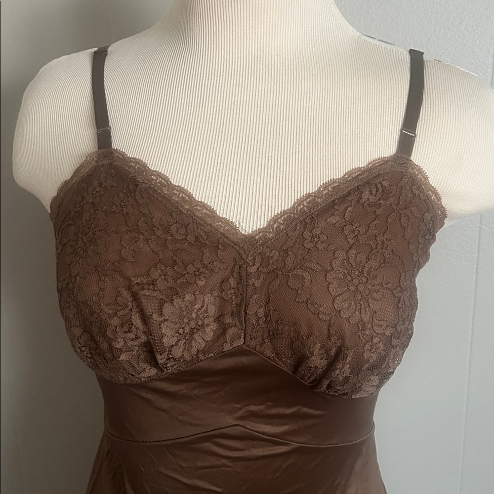 Vintage Vanity Fair light chocolate brown lace slip chemise nightgown made USA - Picture 2 of 7